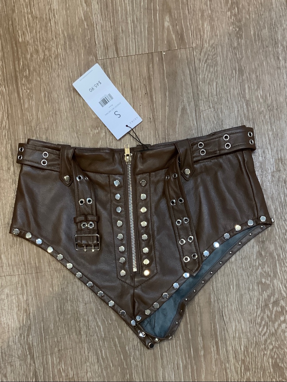 Akeira Brown Studded Faux Leather High-Waist Belted Briefs